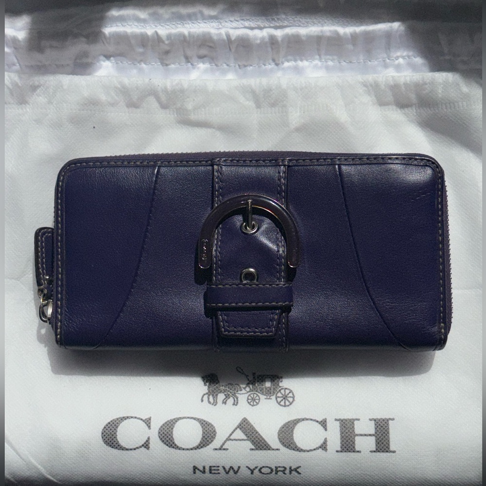 Coach Purple Leather Zip-Around Wallet with Buckle Accent